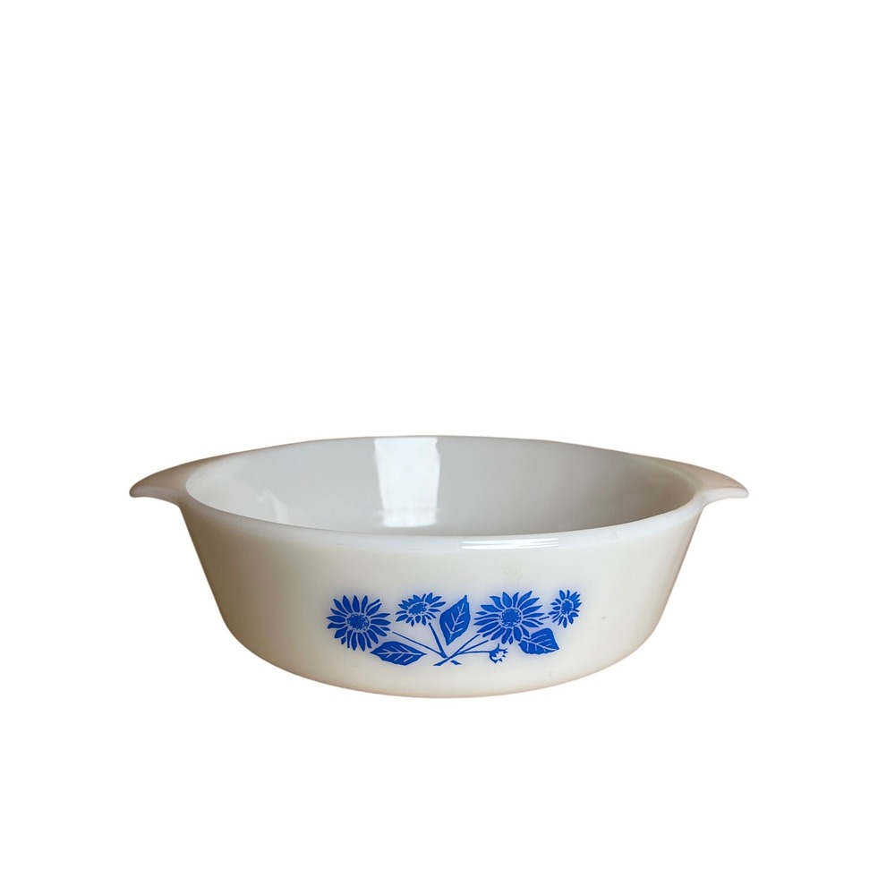 Vintage Anchor Hocking Fire-King Blue Floral Milk Glass Dish 438 Oven Proof MCM